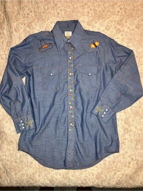 Big Mac JCPenney Blue Embroidered Chambray Button-Down Shirt L